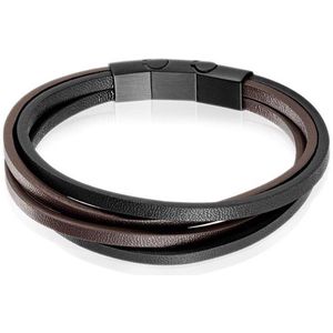 Mendes Heren armband Leer Edelstaal Verstelbaar Zwart Bruin