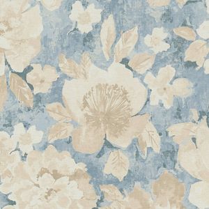 Bloemen behang Profhome 396071-GU vliesbehang hardvinyl warmdruk in reliëf glad in aquarel stijl mat blauw beige crèmewit 5,33 m2