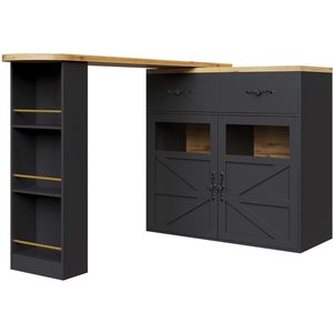 Een bar tafel uitschuifbare en 360° draaibare multifunctionele tafel dressoir met kruidenrek 2 lades en 2 houten deuren met deels gehard glas 138-204×39×104cm zwart