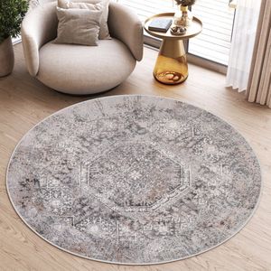 Tapiso Valley Rond Vloerkleed Lichtgrijs Vintage Laagpolig Tapijt Maat- 120x120