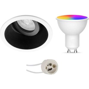 LED Spot Set GU10 - Facto - Smart LED - Wifi LED - Slimme LED - 5W - RGB+CCT - Aanpasbare Kleur - Dimbaar - Afstandsbediening - Pragmi Zano Pro - Inbouw Rond - Mat Zwart/Wit - Kantelbaar - Ø93mm