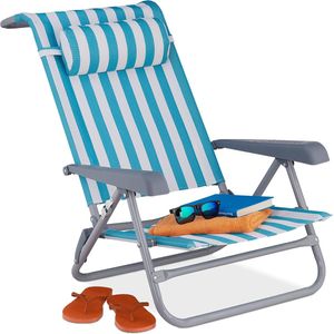 Opvouwbare en verstelbare gestreepte strandstoel met armleuningen, 8 standen, blauw/wit