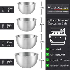 Roestvrijstalen kom, set van 4, vaatwasserbestendig, 1 l, 1,5 l, 2,5 l + 3,5 l, stapelbaar, antislip, mengkom, slakom, komset