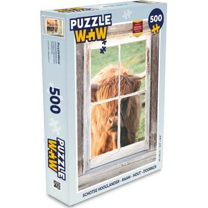 Puzzel Schotse hooglander - Raam - Hout - Doorkijk - Legpuzzel - Puzzel 500 stukjes