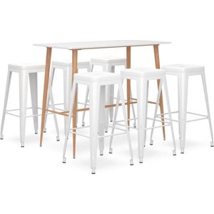 The Living Store 7-delige Barset wit - Bar Set - Bartafel - Eetkamerstoel - Keukenstoel - Stapelbare Stoel