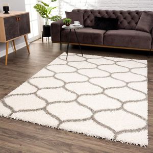 Hoogpolig vloerkleed - Hoogpolige tapijten voor woonkamer, slaapkamer, keuken - Marokko Crème, Afmeting: 140x200 cm