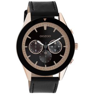 OOZOO Timepieces - rosé goudkleurige/ Zwarte horloge met zwarte leren band - C10804 - Ø45