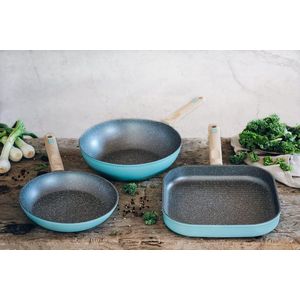 pannenset 20-24-28 cm, gesmeed aluminium met anti-aanbaklaag, geschikt voor alle warmtebronnen, inclusief inductie, turquoise