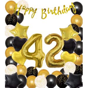 Snoes Ballonnen 42 Jaar Black Gold Dots Mega Ballon - Compleet Feestpakket Goud Zwart Stippen Cijferballon 42 - Verjaardag Versiering DIY Slinger Happy Birthday – Folieballon – Latex Ballonnen - Helium Ballonnen