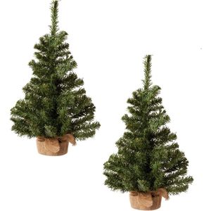 Set van 2x stuks kleine volle kerstbomen in jute zak 60 cm - Kunst kerstbomen / kunstbomen