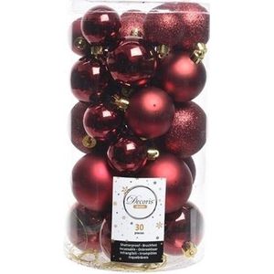 30x Donkerrode kunststof kerstballen 4 - 5 - 6 cm - Mat/glans/glitter - Onbreekbare plastic kerstballen - Kerstboomversiering zwart