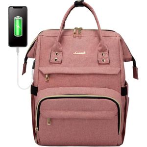 Waterdichte rugzak voor dames, met laptopvak, schoolrugzak, laptoptas met USB-oplaadaansluiting, voor universiteit, reizen, werk, business, roze, 14 inch