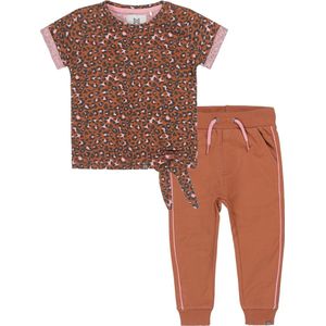 Koko Noko - Kledingset - Meisje - 2delig - Jogging broek Bruin - Shirt panter - Maat 140