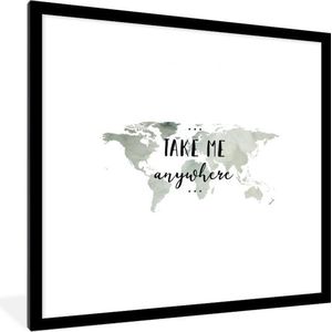 Fotolijst incl. Poster - Wereldkaart - Grijs - Quote - 40x40 cm - Posterlijst