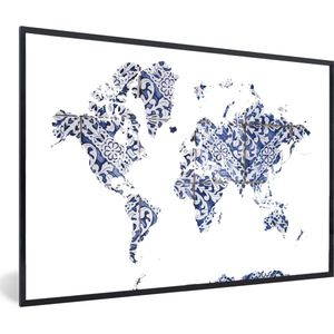 Fotolijst incl. Poster - Wereldkaart - Delfts Blauw - Wit - 60x40 cm - Posterlijst