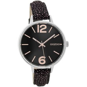 OOZOO Timepieces - Zilverkleurige horloge met zwarte leren band - C9484