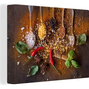 Canvas - Lepel - Kruiden - Specerijen - Chilipeper - Keuken - Hout print - Kamer decoratie - Canvas doek - 120x90