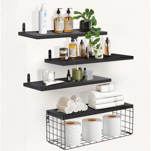 Selbro ® Handige Zwarte Wandplankenset van 4 met Houten Planken en Draadmand