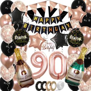 90 Jaar Feest Verjaardag Versiering Confetti Helium Ballonnen Slingers Happy Birthday Rose Goud & Zwart XL SET – 60 Stuks