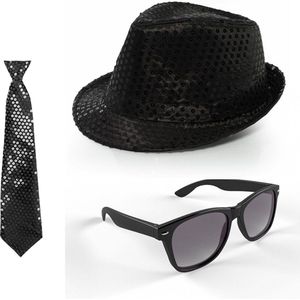 Toppers - Folat - Verkleedkleding set - Glitter hoed/stropdas/party bril - zwart