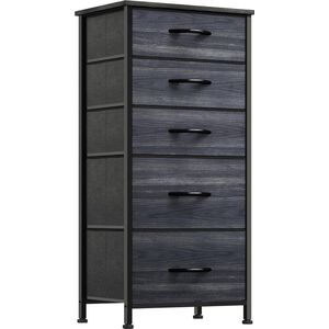 commode, kast, opbergkast, 5 laden van stof met handgrepen, opbergcommode, zwarte houtnerf