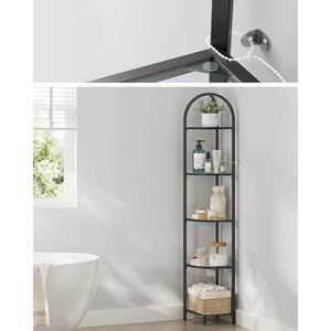 VASAGLE LGT810B61 Hoekrek 5 Niveaus Boekenkast Plantenrek Staande Plank Badkamerplanken Gehard Glas Stalen Frame Modern voor Woonkamer Keuken Klassiek Zwart