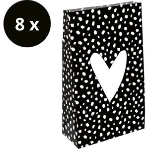 8 x Papieren XL Cadeauzakjes Blokbodem | Traktatie Grote Uitdeelzakjes | Stippen Hart Zwart Wit | Leuke Verpakking Cadeau | 14 x 8 x 26 cm