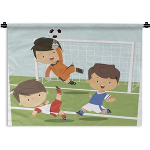 Wandkleed Voetbal illustratie - Een illustratie van drie voetballende kinderen Wandkleed katoen 120x90 cm - Wandtapijt met foto