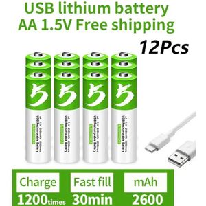 AA Batterijen Li-ion Oplaadbare USB | 12 Pack 1.5V 2600 mWh met 4in1 USB-C Kabel - Duurzame Keuze - Lithium AA batterij - 12 stuks