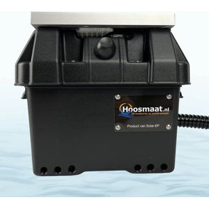 Hoosmaat Basis+, automatische bilgepomp / lenspomp op zonne-energie. Model 2024: dubbelzware accu! Pompt 45 ltr/min, 2.700 ltr/uur. Nederlands product.