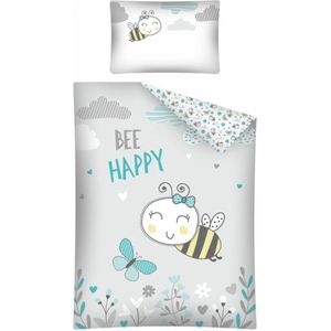 ledikant baby dekbedovertrek - Bee happy - grijs met mint groen - 100% katoen