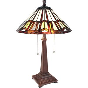 LumiLamp Tiffany Tafellamp Ø 41x64 cm Beige Bruin Glas Kunststof Rond Tiffany Bureaulamp