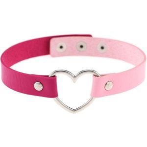 KIMU Choker Roze Two-Tone Hartje - Pu Leer Collar Ketting Hart Halsband Festival