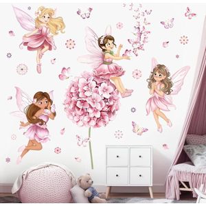 Fairy Girl Muurstickers - Bloem en Vlinder - Meisjes Slaapkamer Decor - Roze