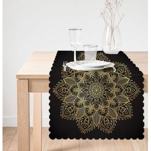 De Groen Home Bedrukt Velvet textiel Tafelloper - Gold Mandala op Zwart - Fluweel - 45x135 - Tafel decoratie woonkamer