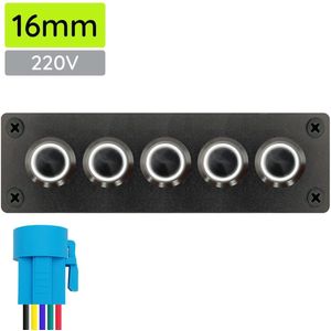 ProRide Metalen Drukschakelaars ON-OFF 220V - 16mm - Vijfvoudig inbouwpaneel - IP67 - LED indicatie Wit