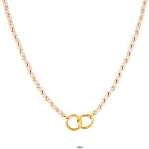 Twice As Nice Halsketting in goudkleurig edelstaal, 2 cirkels, roze kristallen 36 cm+4 cm