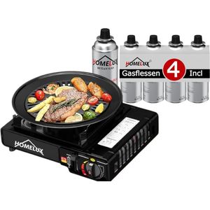 Pluto® - Homelux - Draagbaar Camping Kooktoestel Set - Inclusief Grillplaat en 4 Gasflessen