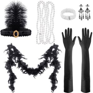 Jaren 20 themaset Great Gatsby-accessoires, voor dames, 9-delig: flapper hoofdband, halsketting, oorbellen, lange zwarte handschoenen, boa