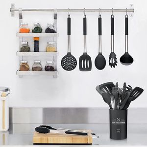 Keukengerei set van siliconen, hittebestendig, met roestvrijstalen handgrepen voor koken en bakken, anti-aanbaklaag, 15-delig (zwart)