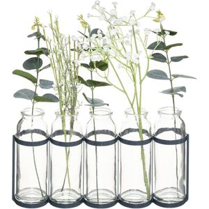 Glazen vaasjes in metalen standaard, met kunstbloemen
