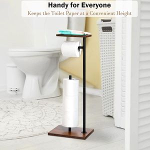 Toiletpapierhouder Stand, vrijstaande Tissue Paper Roll Holder Dispenser met plank voor badkamer opslag houdt reserve rollen - zwart & rustiek bruin