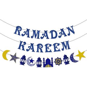 2 Stuks Ramadan Kareem Banner, Ster en Maan Guirlande Decoratieve Banner, Blauwe Islamitische Eid Mubarak Wimpel Familie Ramadan Feest muur Decoratie Blauwe Goud Glitter