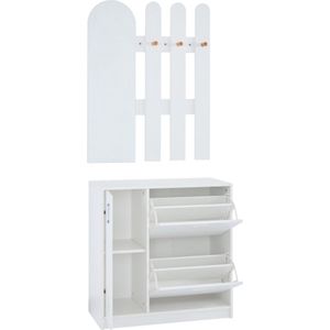 Schoenenkast met vouwdeuren voor kleine gangen, garderobesets voor gangen met spiegel en haken, wit schoenenrek, schoenenkast, woonkamerplank, 2 vouwdeuren en een schuifdeur
