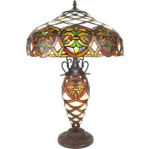 HAES DECO - Tiffany Tafellamp Ø 40x61 cm Beige Bruin Kunststof Glas Tiffany Bureaulamp Tiffany Lampen Glas in Lood