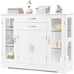 Dressoir wit, keukenkast met geharde glazen deuren en laden, bijzetkast van hout, buffetkast voor eetkamer, keuken, 107 x 30 x 82 cm (wit)