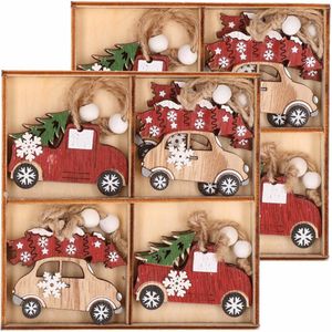 Kersthanger set van 16x houten auto hangers 6 x 5 cm - houten kerstboomversiering ornamenten