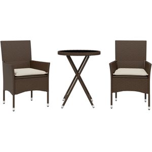 vidaXL Bistroset - Bistrosets - Loungeset - Tuinset - 3-delige Bistroset met kussens poly rattan en glas bruin