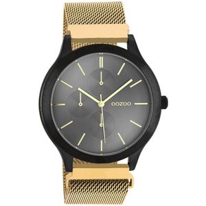 OOZOO Timepieces - Zwarte horloge met goudkleurige metalen mesh armband - C10689