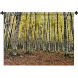 Wandkleed Bos - Gele bladeren in het bos in de herfst Wandkleed katoen 180x135 cm - Wandtapijt met foto